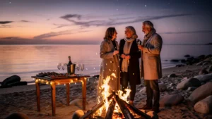 Réveillon de la Saint-Sylvestre au bord du golfe avec ambiance festive et feu de camp sur la plage