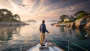 Panorama réaliste du Golfe du Morbihan avec ses îles vues au lever du soleil et un voyageur à bord d'un voilier