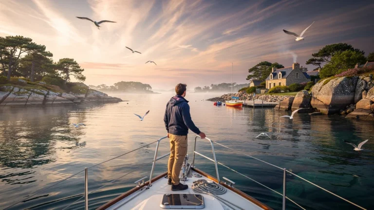 Panorama réaliste du Golfe du Morbihan avec ses îles vues au lever du soleil et un voyageur à bord d'un voilier